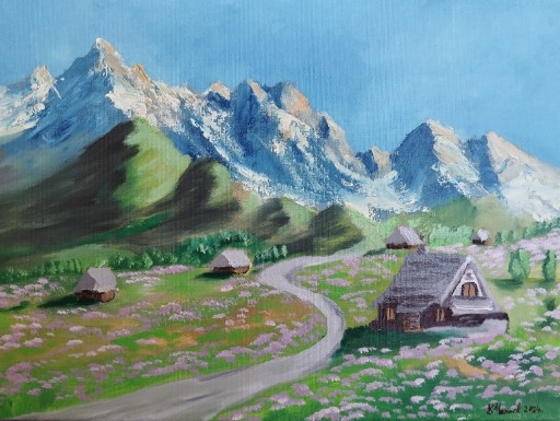 Zdjęcie oferty: Obraz olejny pejzaż Góry Polana krokusów 30x40 cm