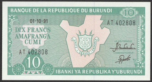Zdjęcie oferty: Burundi 10 franków 1991 - stan bankowy UNC