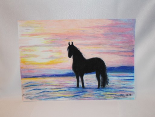 Zdjęcie oferty: obraz zachód słońca morze i koń pastele olejne
