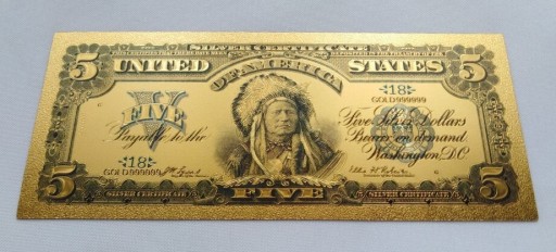 Zdjęcie oferty: Banknot pozłacany 5 dolarów INDIANIN  USA 1899 rok