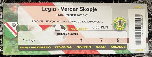 Zdjęcie oferty: Bilet kolekcjonerski Legia - Vardar