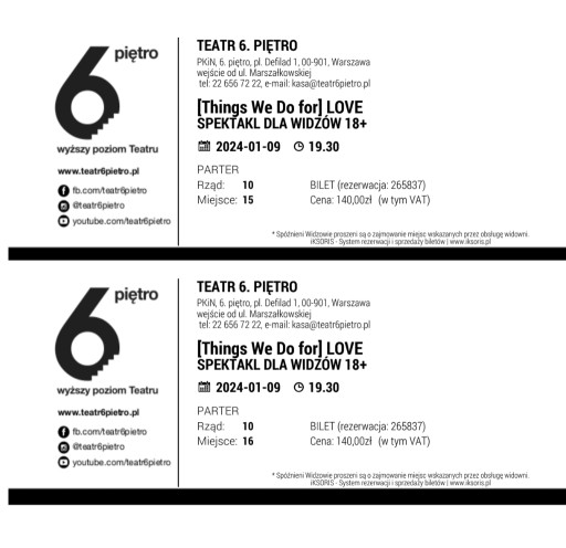 Zdjęcie oferty: Spektakl: Teatr 6 piętro "Things we do for love" 