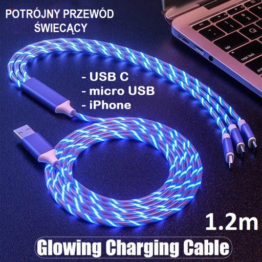 Zdjęcie oferty: Przewód USB świecący USBC micro iPhone 3A