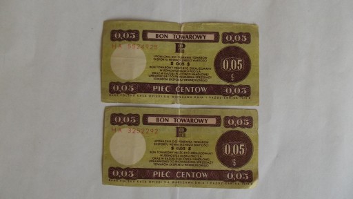 Zdjęcie oferty: Bon towarowy 5 centów 1979 seria HA 2 sztuki