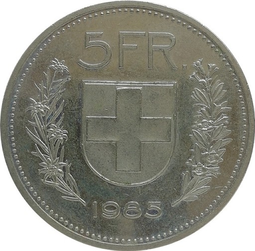 Zdjęcie oferty: Szwajcaria 5 francs 1985, KM#40a.3