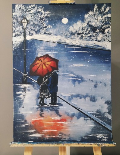 Zdjęcie oferty: Obraz malowany ręcznie,, Zimowy pocałunek"