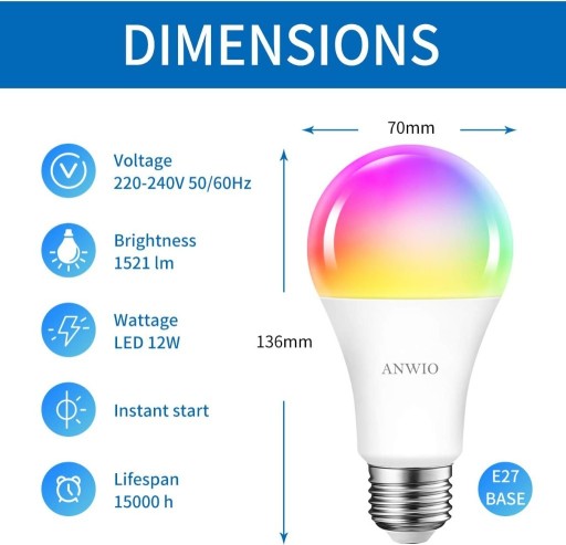 Zdjęcie oferty: ANWIO Żarówka LED Smart Wifi E27 12W 100W RGB 3szt