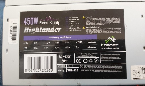 Zdjęcie oferty: Zasilacz Highlander KTM 19845 450W 