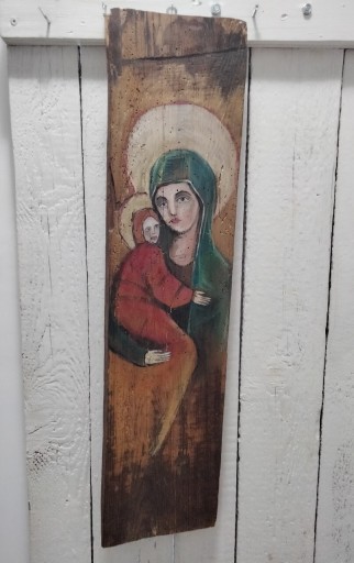 Zdjęcie oferty: Obraz na sosnowej desce Maria z Dzieciątkiem 