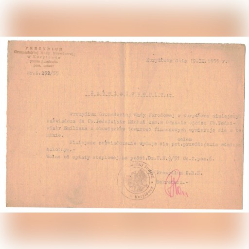 Zdjęcie oferty: Kuryłówka k.Łańcuta zaświadczenie z 1955r.