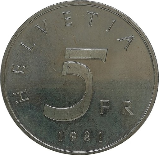 Zdjęcie oferty: Szwajcaria 5 francs 1981, KM#60