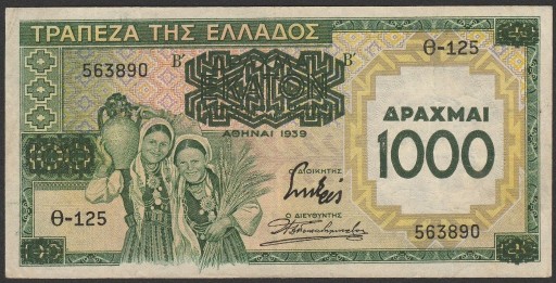 Zdjęcie oferty: Grecja 1000 drachm 1939 - O-125 563890