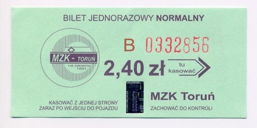 Zdjęcie oferty: MZK Toruń - Bilet jednorazowy normalny 2,40 zł