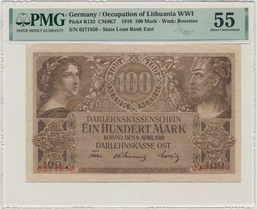 Zdjęcie oferty: 100 Marek 1918 ost kowno PMG 55  rzadki banknot