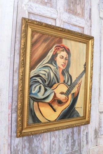 Zdjęcie oferty: T. De. Łempicka - Kobieta z Gitarą - Stary Obraz Olejny z Francji