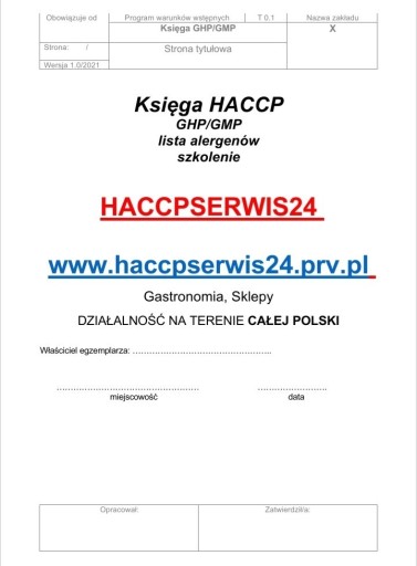 Zdjęcie oferty: Księga HACCP, GHP/GMP,lista alergenów, szkolenie 