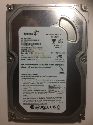 Zdjęcie oferty: Dysk IDE ATA Seagate ST380215A 80GB 3,5 + taśma