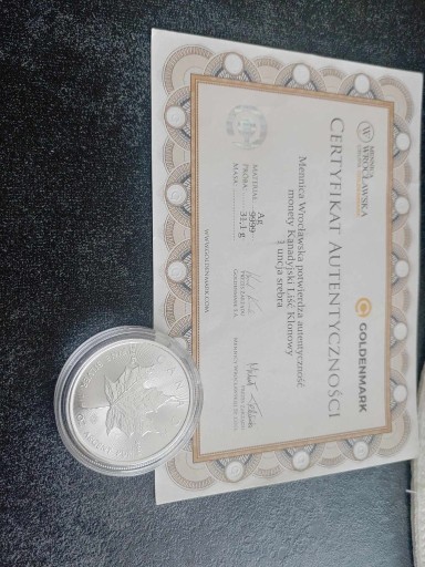 Zdjęcie oferty: srebrna moneta 1oz kanadyjski liść klonowy