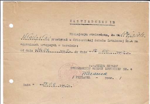 Zdjęcie oferty: Zaświadczenie - pobyt w Ofic. Szk. Lotniczej-1952r