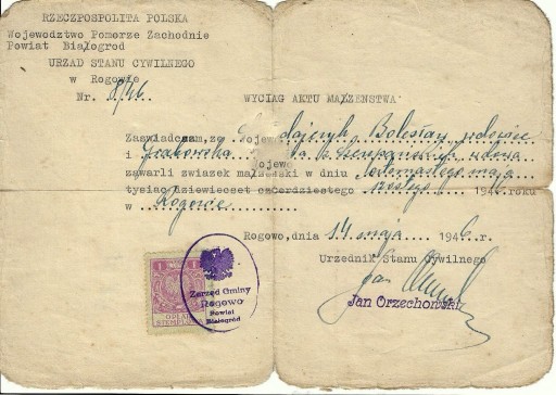Zdjęcie oferty: 1946- wyciąg z aktu urodzenia. Białogród - Rogowo