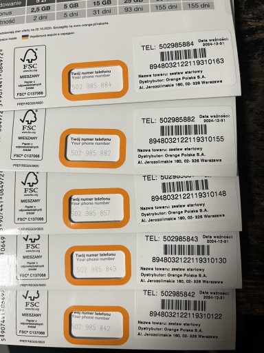 Zdjęcie oferty: Pakiet 5 numerów Karta SIM Orange na kartę
