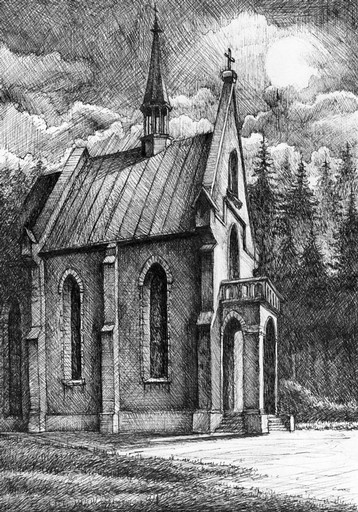 Zdjęcie oferty: Pejzaż stara kaplica rysunek tuszem oryginał 2018