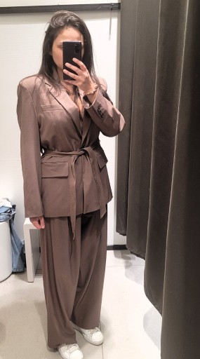 Zdjęcie oferty: brązowy garnitur Zara marynarka z paskiem spodnie wysoki stan XS 34 S 36