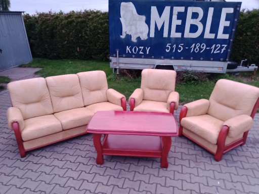 Zdjęcie oferty: Komplet Wypoczynkowy KLER 3+1+1 i Ława , Dąb - Skóra Krem