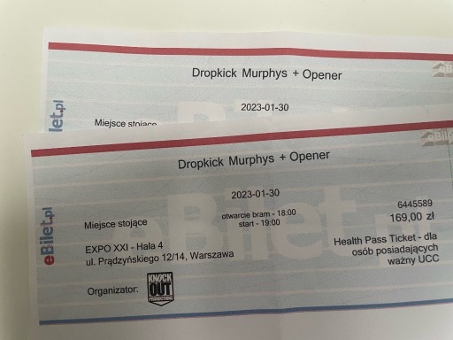 Zdjęcie oferty: 2 x bilety Dropkick Murphys, Warszawa