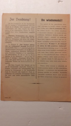 Zdjęcie oferty: ULOTKA DO WIADOMOŚCI 10 PAŹDZIERNIKA 1940