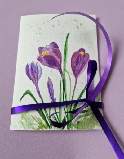 Zdjęcie oferty: Kartka ręcznie malowana akwarela kwiaty, krokusy