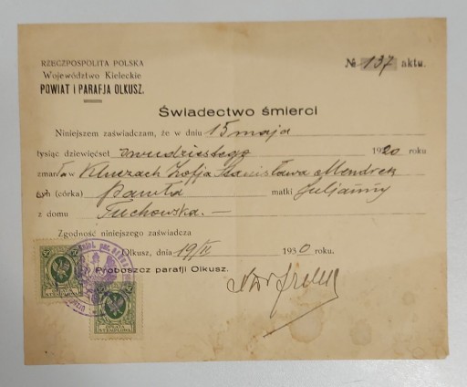 Zdjęcie oferty: Świadectwo śmierci Olkusz 1920 r.