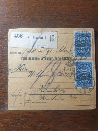 Zdjęcie oferty: BRESLAU 1923 przekaz pocztowy WROCŁAW Hamburg
