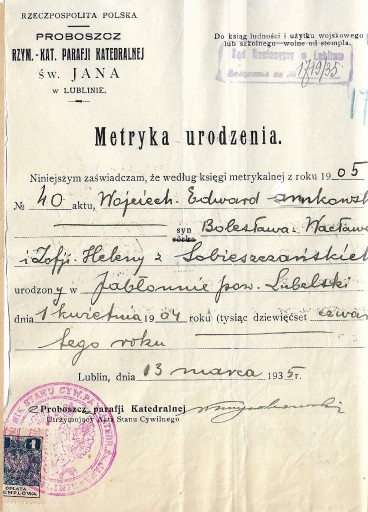 Zdjęcie oferty: Metryka urodzenia- Parafia Św. Jana- Lublin 1935r