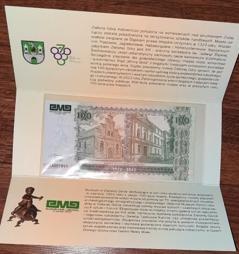 Zdjęcie oferty: Banknot UNC 100 lat muzeum w Zielonej Górze kolek.