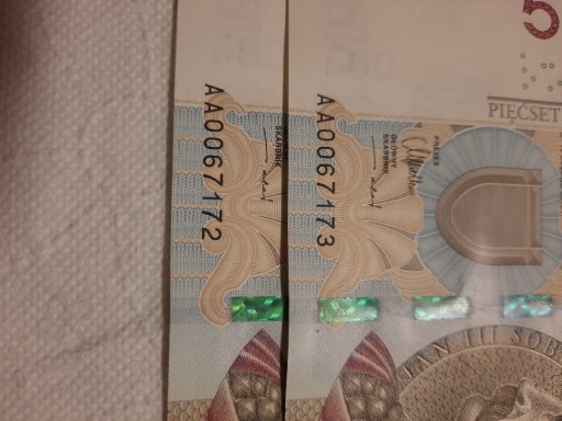 Zdjęcie oferty: 2 Banknoty 500 zł Seria AA 0067172-73--2016 rok