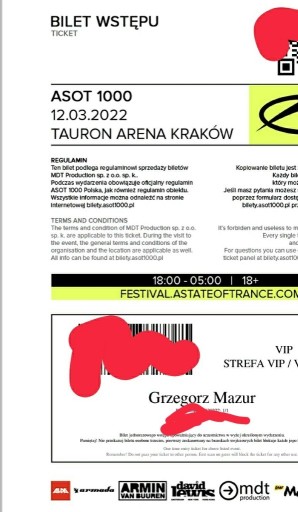 Zdjęcie oferty: Bilet VIP Asot Kraków 2022