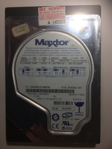 Zdjęcie oferty: Dysk IDE ATA 20GB Maxtor 2B020H1 + taśma