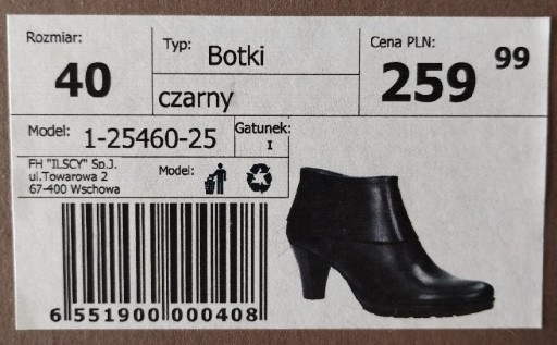 Zdjęcie oferty: Botki Tamaris skóra czarne na obcasie r 40