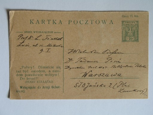 Zdjęcie oferty: Kartka pocztowa profesor Finkel Pini Lwów 1921