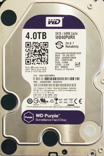 Zdjęcie oferty: WD PURPLE 4TB WD40PURX - NAS - 0 godzin