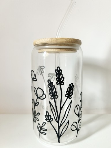 Zdjęcie oferty: Szklanka ze szklaną słomką bambus kwiaty