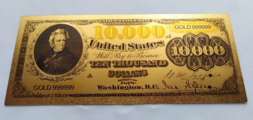 Zdjęcie oferty: Banknot pozłacany 10.000 Dolarów USA z 1878 roku 