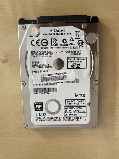 Zdjęcie oferty: Hitachi 500GB HDD 2,5 HTS545050A7E380 NR 32