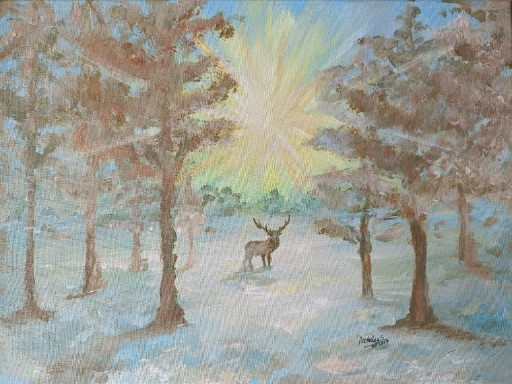Zdjęcie oferty: Obraz Zima las jeleń słońce krajobraz pejzaż 30x40