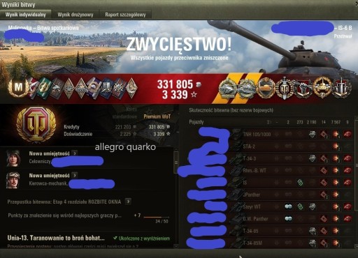 Zdjęcie oferty: World of Tanks WoT misje 260 279 biegłości dpg wn8