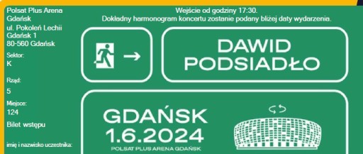 Zdjęcie oferty: 2 bilety, sektor K, na Dawid Podsiadło, Gdańsk, 1.06.