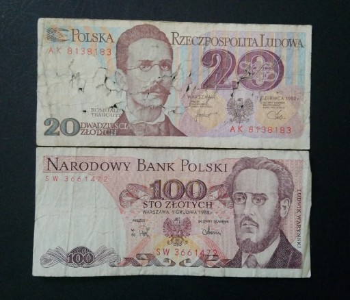 Zdjęcie oferty: Zestaw banknotów polskich 20 zł 1982 100 zł 1988 
