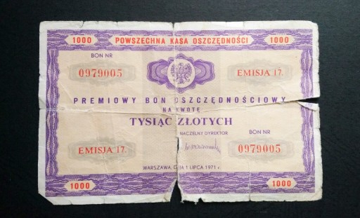 Zdjęcie oferty: Stary banknot Polska bon oszczędnościowy 1000 zł 