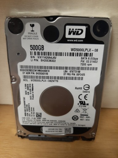 Zdjęcie oferty: DYSK TWARDY WD BLACK WD5000LPLX 500GB 2,5''